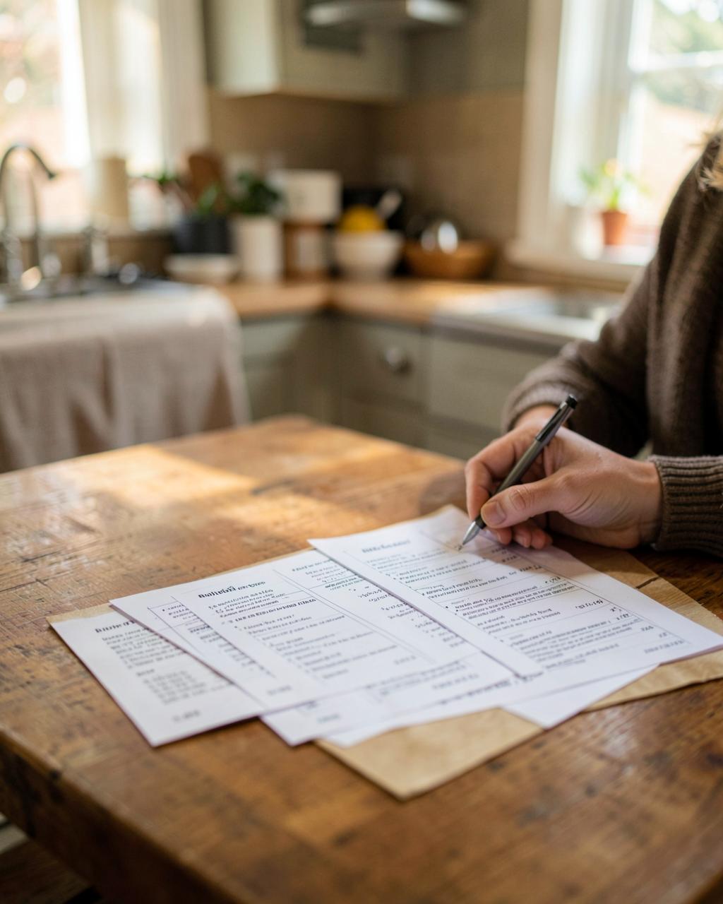 Homeowner comparing builder quotes side by side at a kitchen table