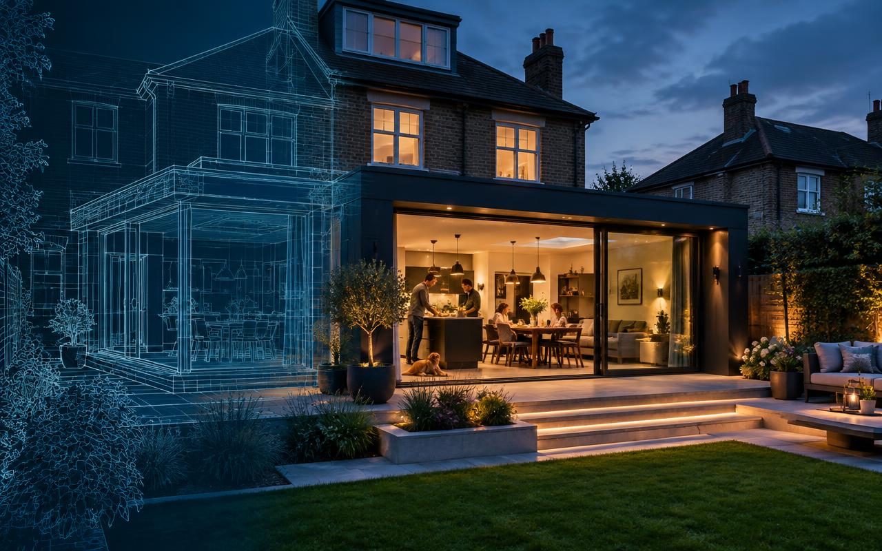 Completed contemporary extension on a British home at dusk
