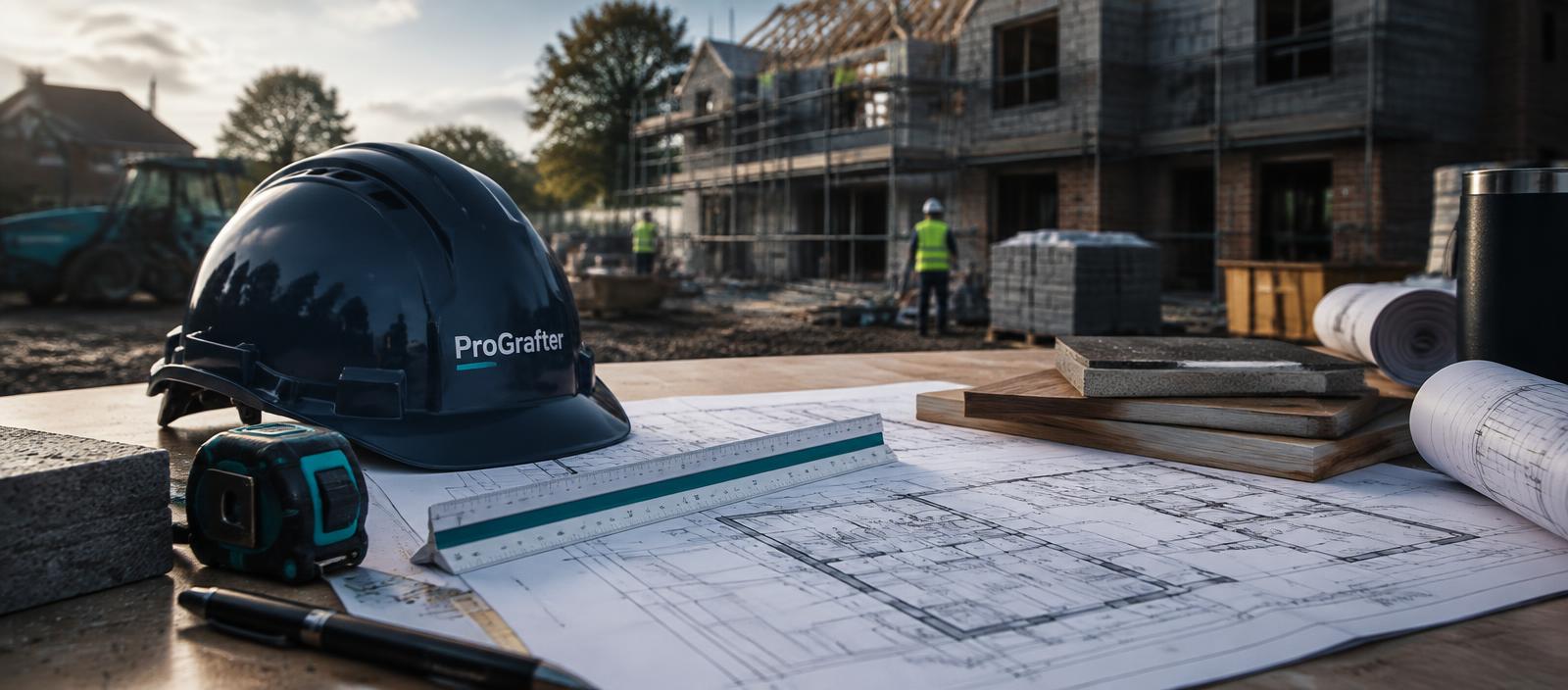 Architectural plans, tools and ProGrafter site equipment on a UK construction project