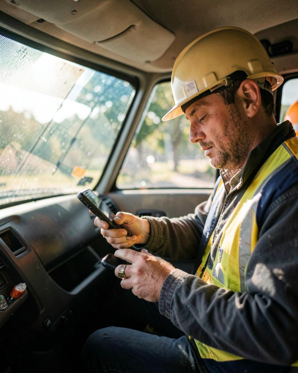 Builder checking local work opportunities on a phone in his van