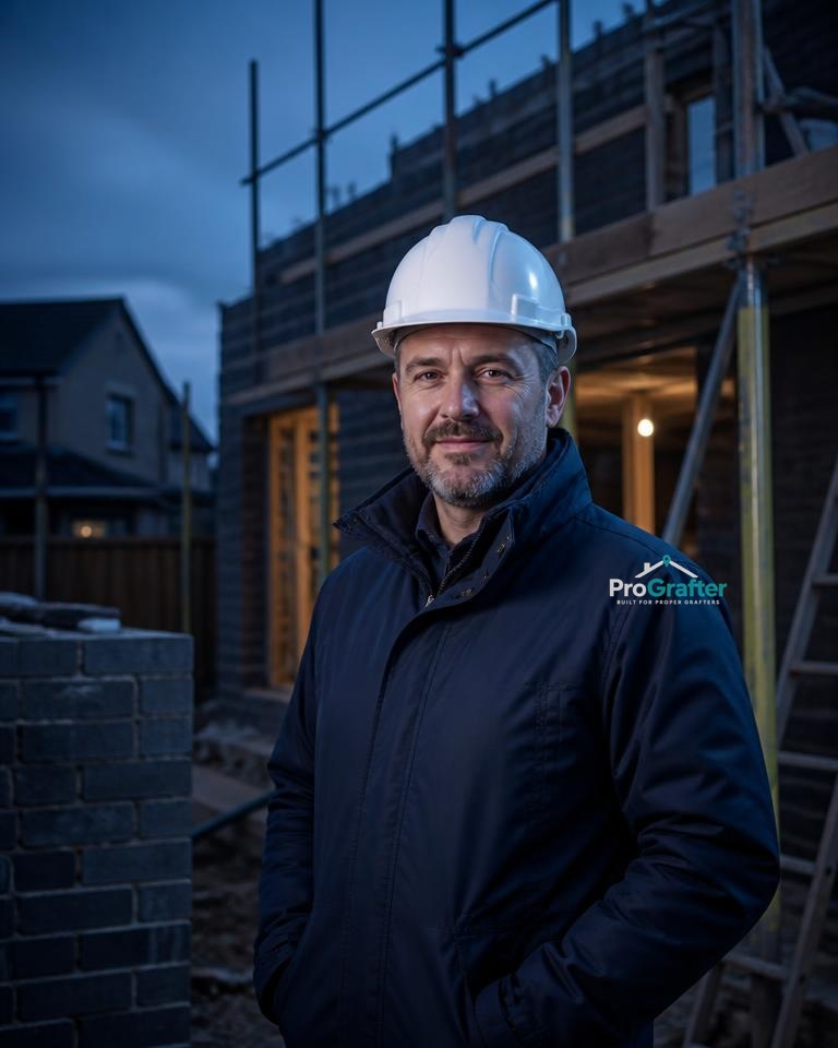 Verified tradesperson in ProGrafter workwear on a residential construction site
