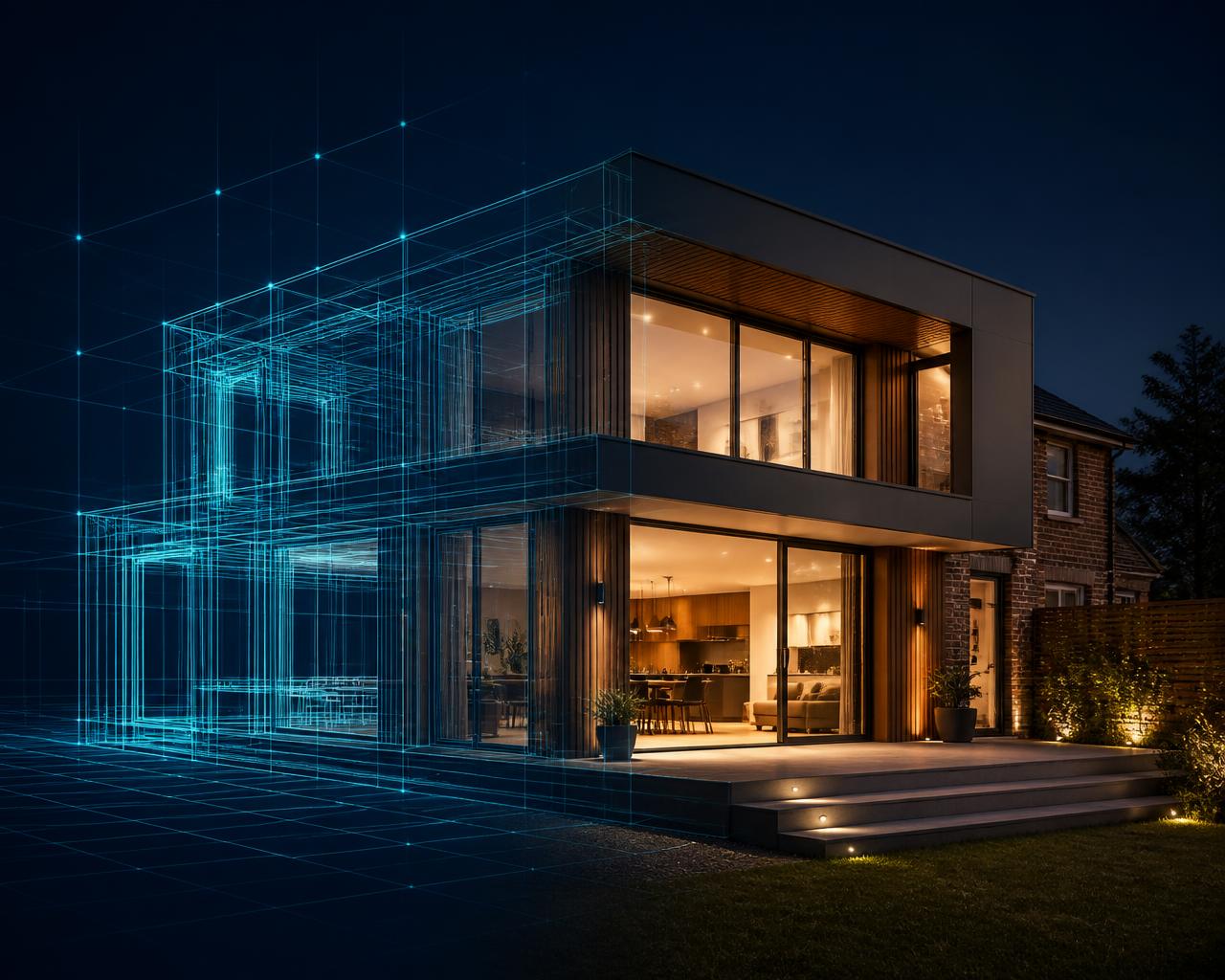 Modern residential extension shown transitioning from blueprint wireframe into the finished building