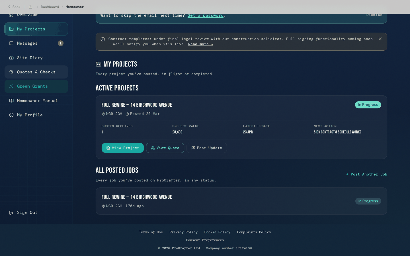 Current ProGrafter shared project workspace showing progress and project actions