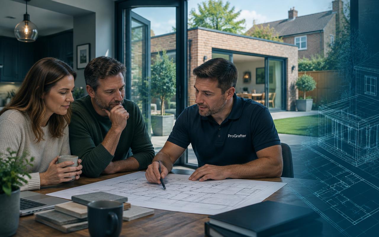 UK homeowners discussing extension plans with a ProGrafter trade
