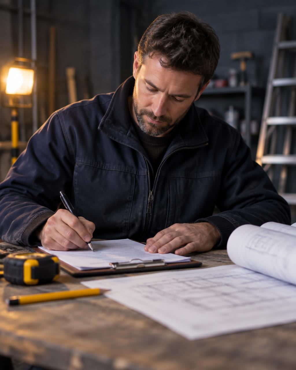 Builder preparing a structured written quote on a laptop
