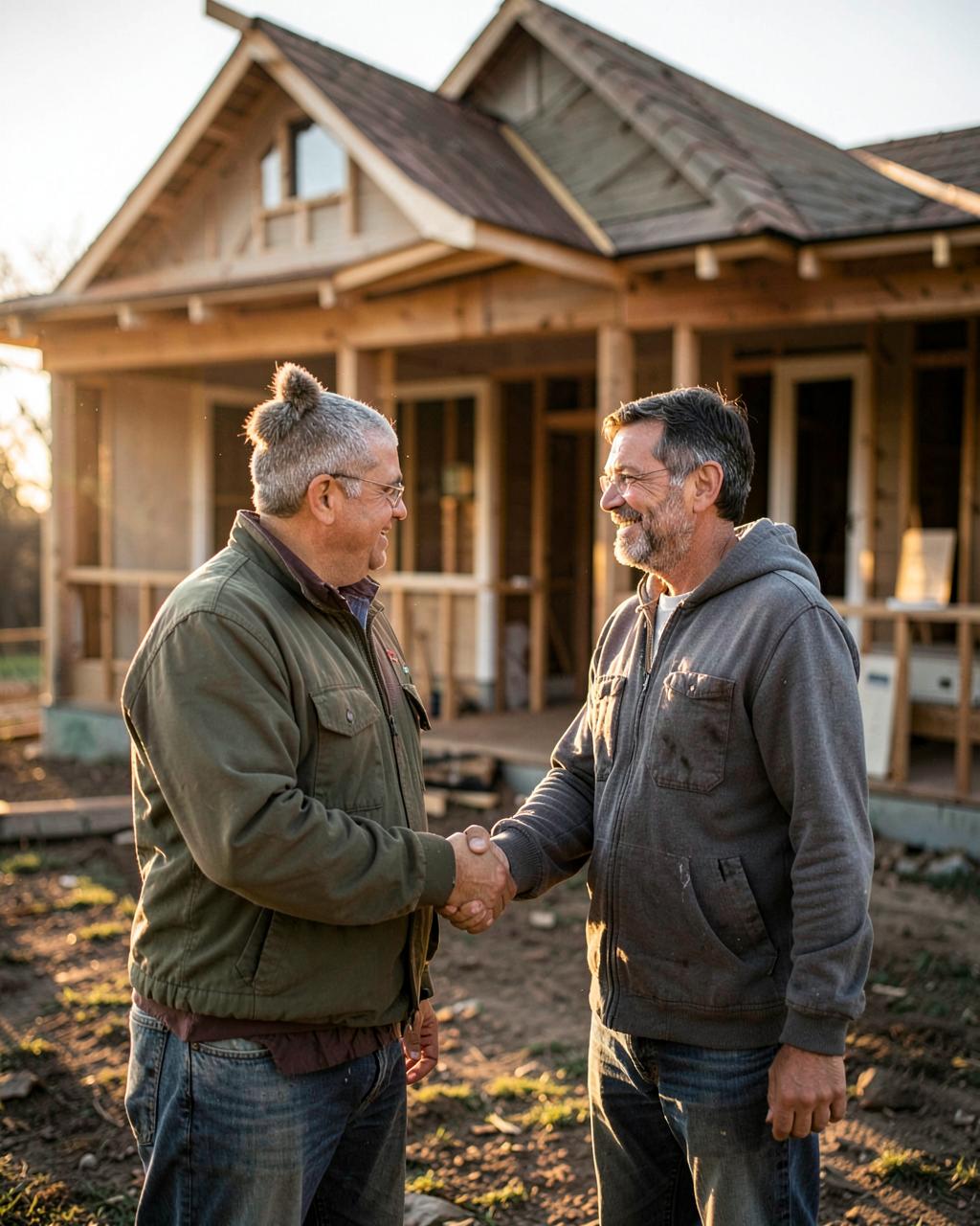Homeowner and trade shaking hands in front of a completed project