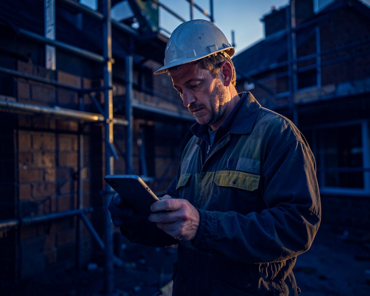 Tradesperson on a residential building site reviewing job details on a tablet